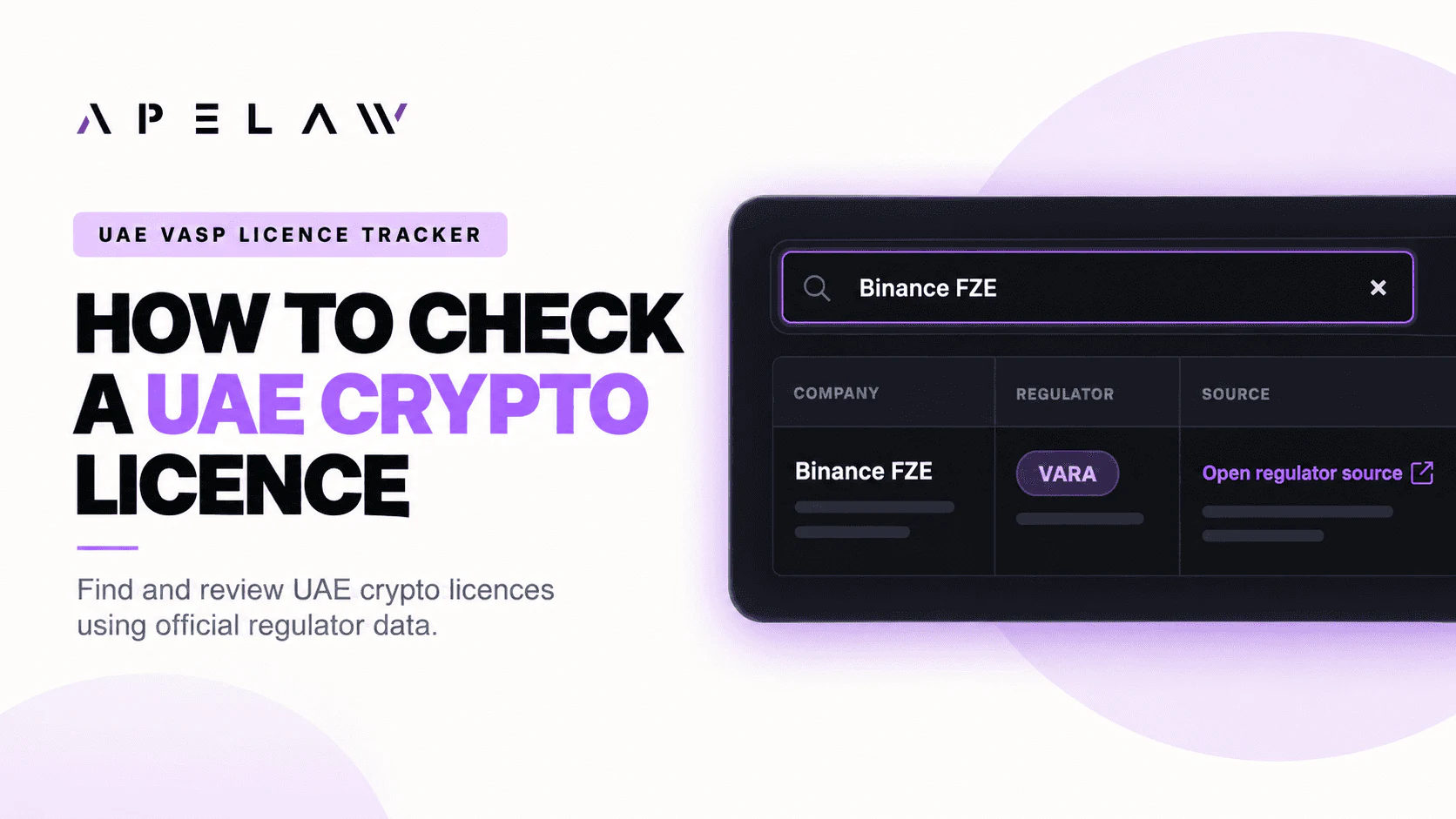 Ape Law UAE VASP Licence Tracker showing Binance FZE, VARA and a link to the official regulator source