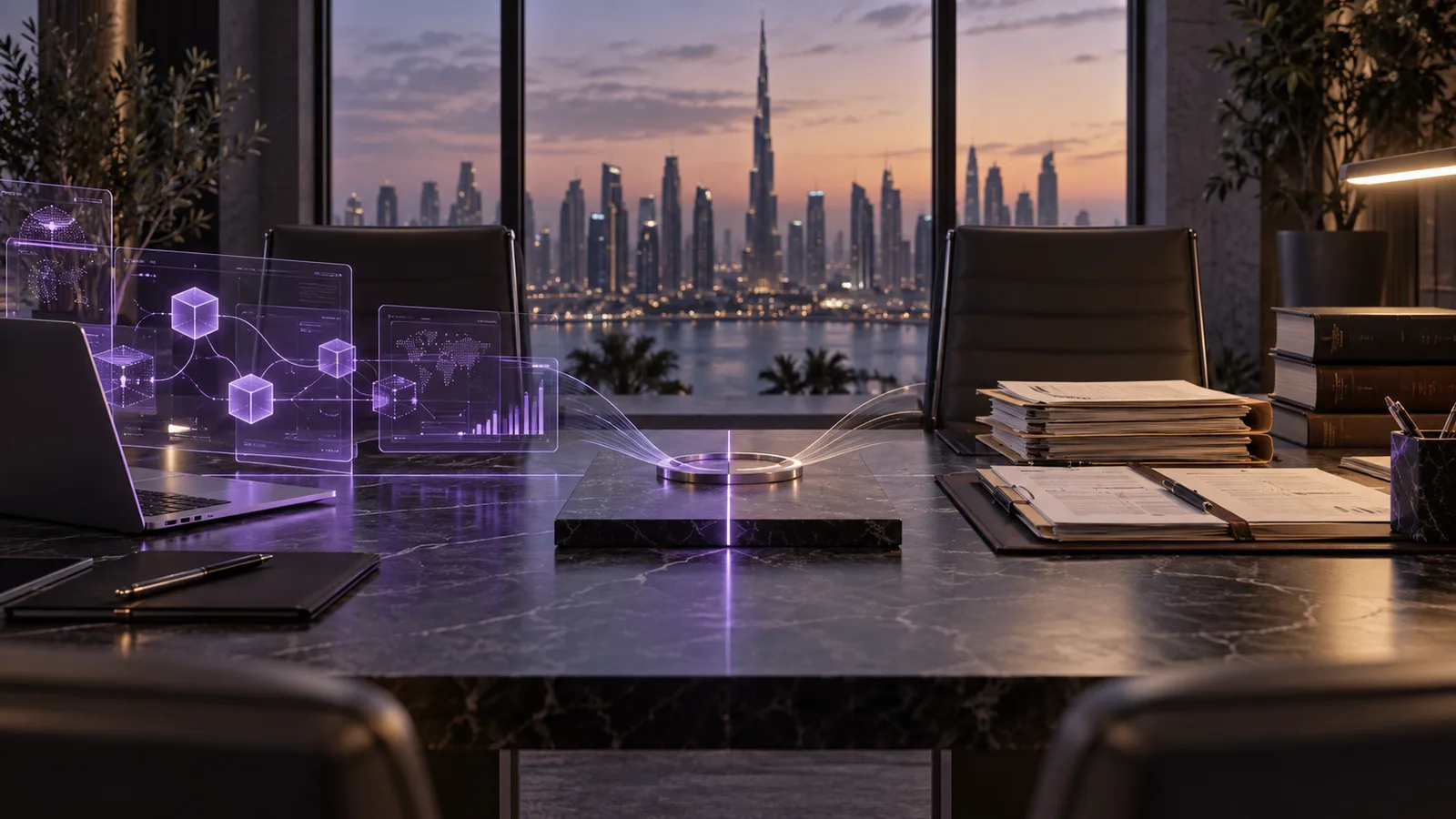 Two legal workstations, one with digital asset diagrams and one with transaction papers, meet at a shared table