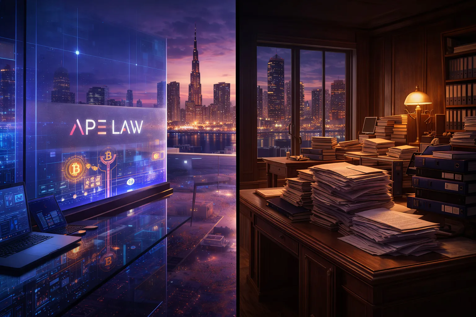 Split view of a digital Ape Law workspace and a traditional law library.