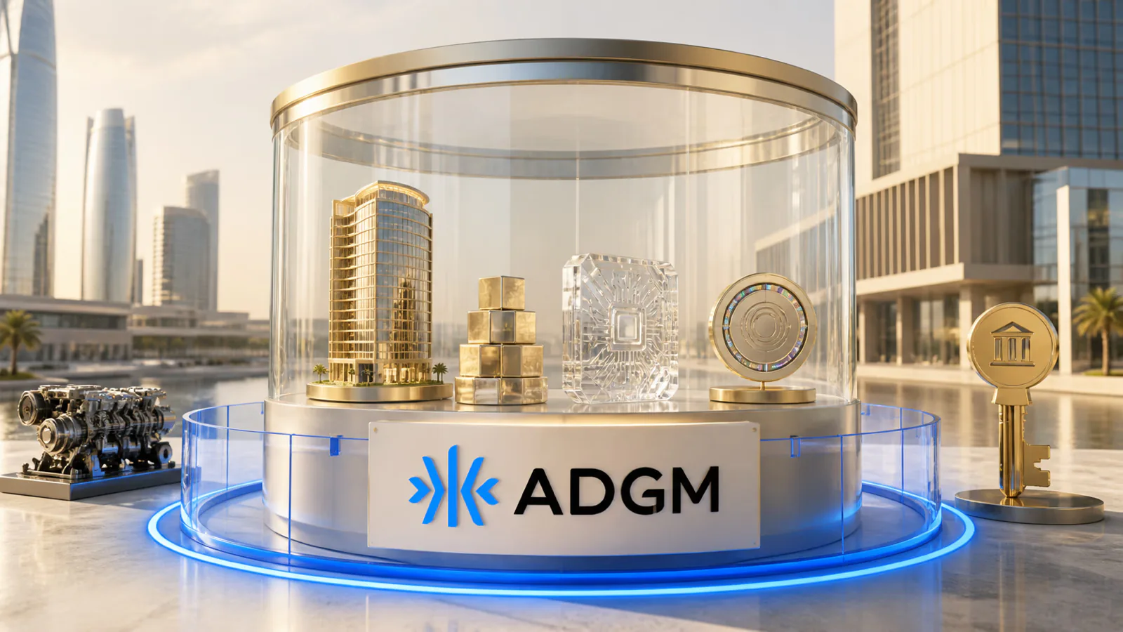Futuristic asset display with an ADGM sign and tokenized finance symbols.