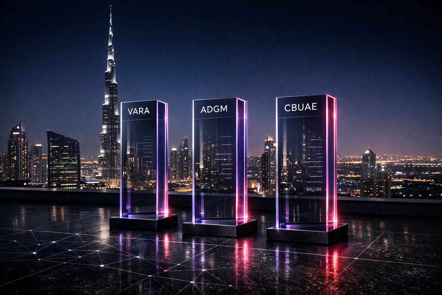 Illuminated pillars labelled VARA, ADGM and CBUAE against the Dubai skyline.