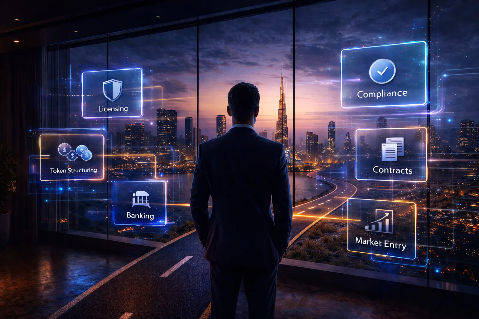 Founder viewing licensing, compliance, contracts and banking screens over Dubai.