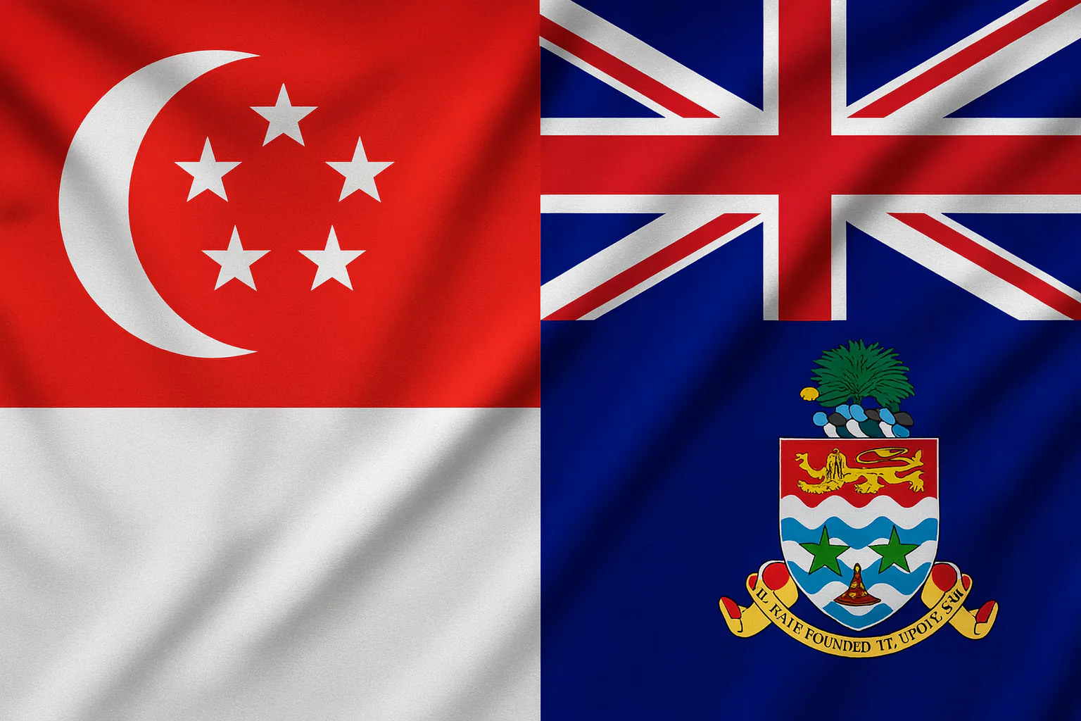 Singapore and Cayman Islands flags displayed side by side.