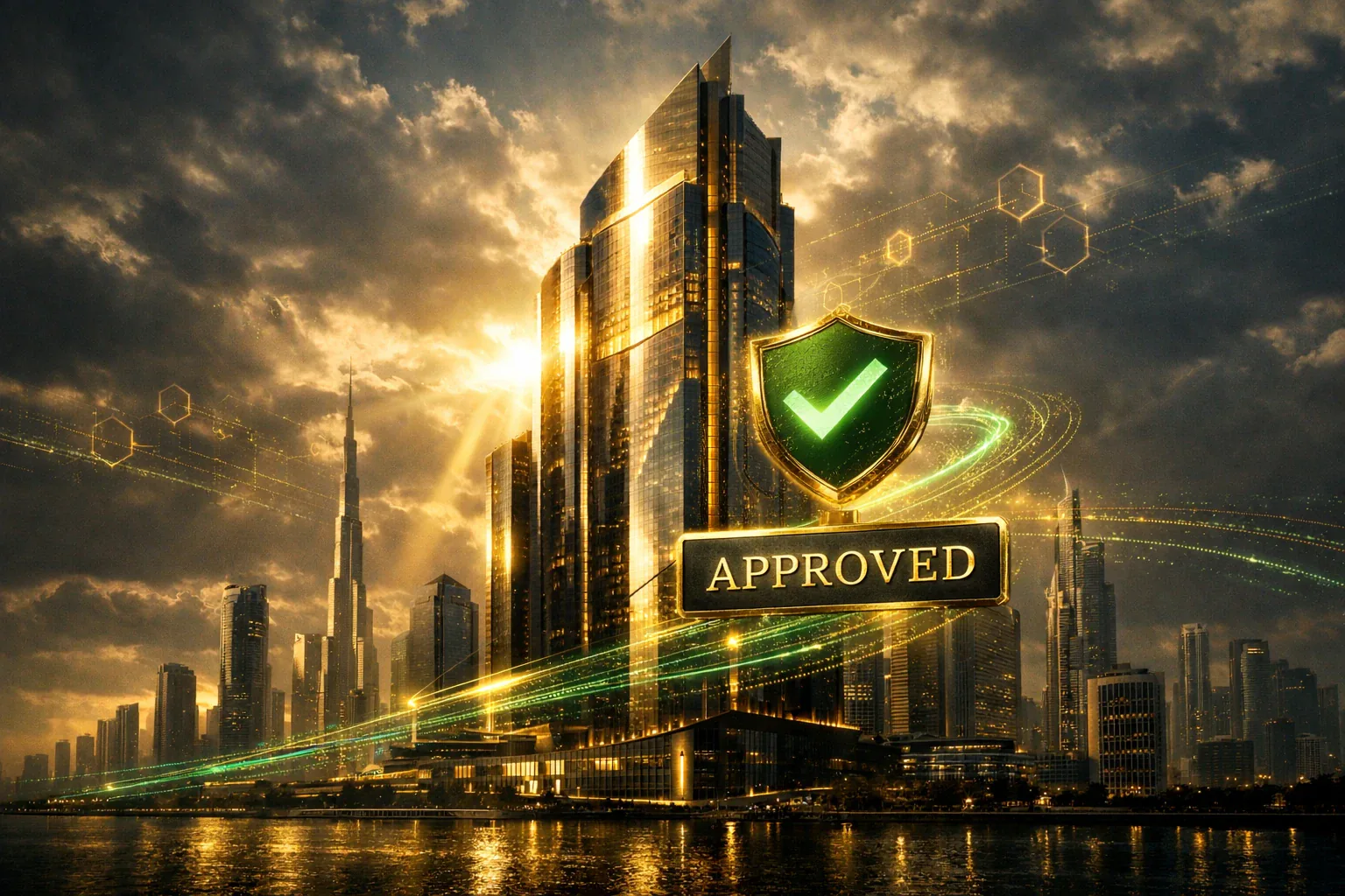 Dubai tower with an approved security shield for VASP standards.
