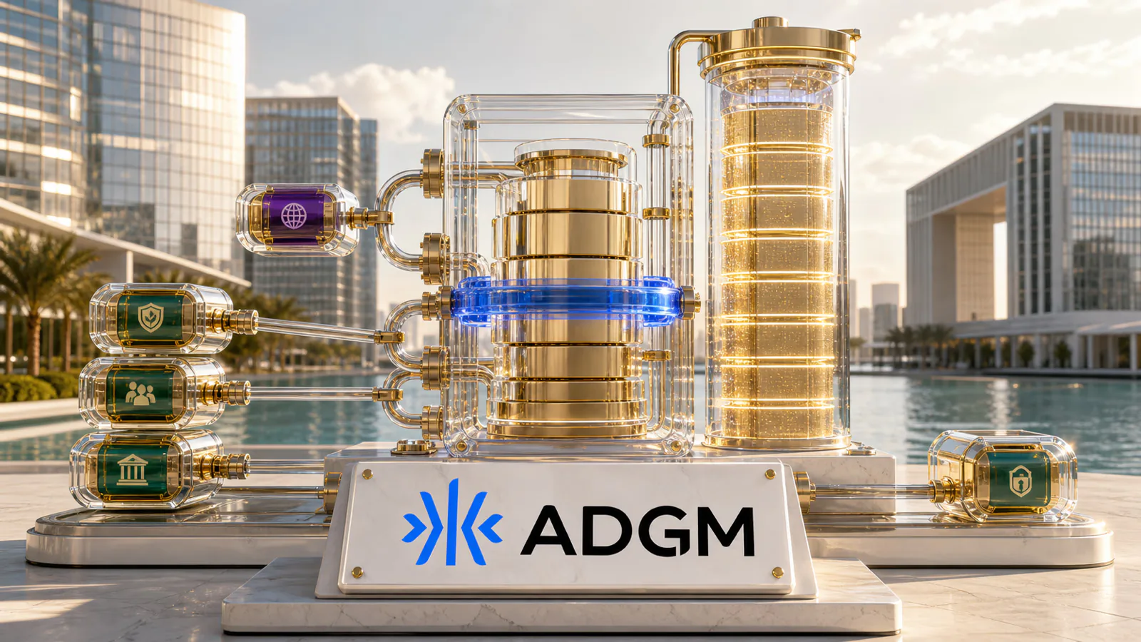 Futuristic gold financial towers beside an ADGM sign in Abu Dhabi.