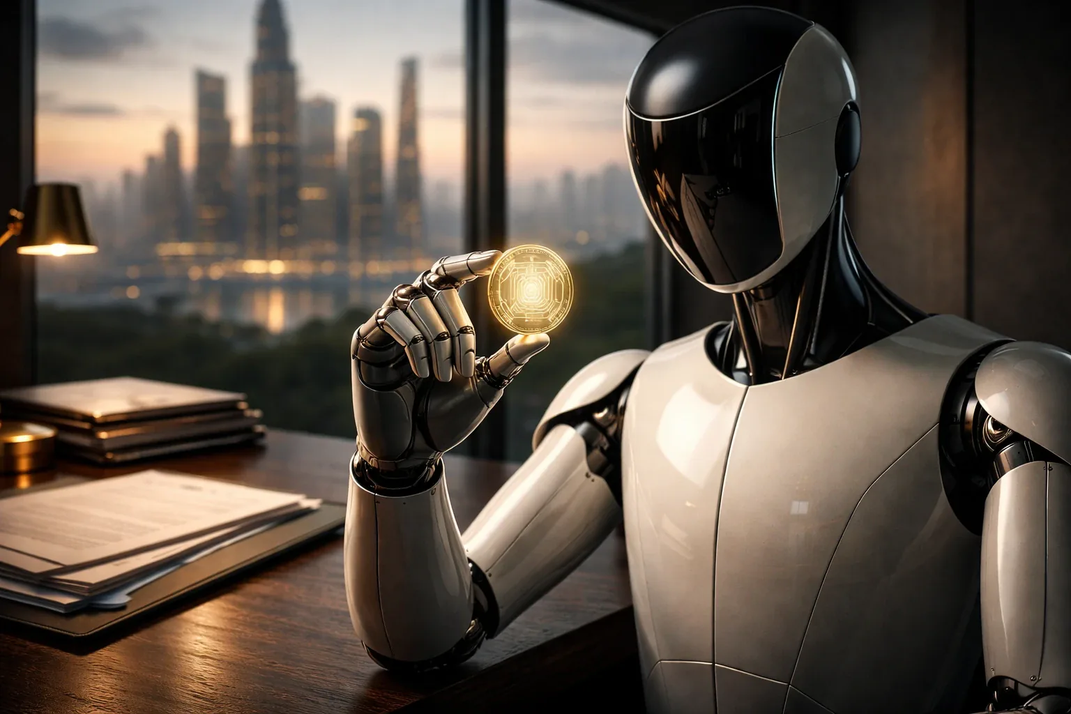 Humanoid robot holding a glowing token at a desk overlooking Dubai.