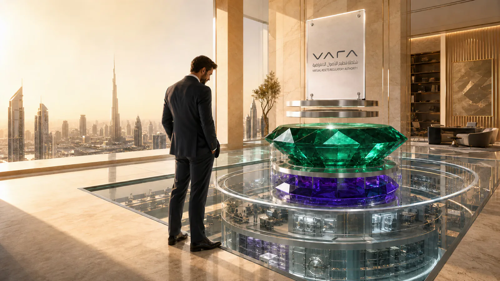 Man viewing a green gemstone display inside a VARA office.