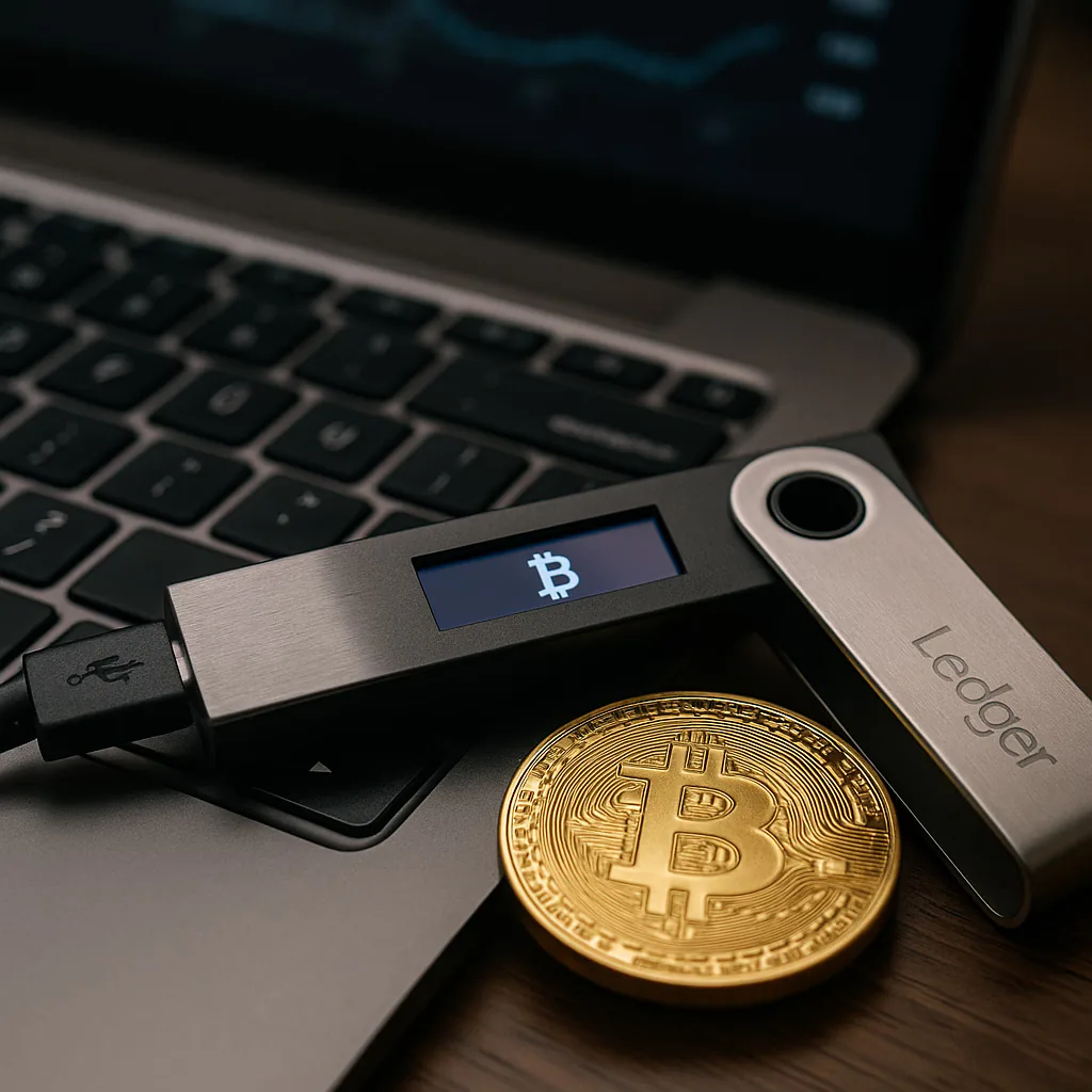 Hardware wallet and physical Bitcoin token beside a laptop.