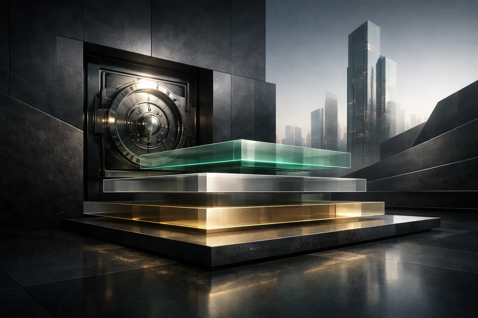 Green tokenized financial structure emerging from a secure bank vault.