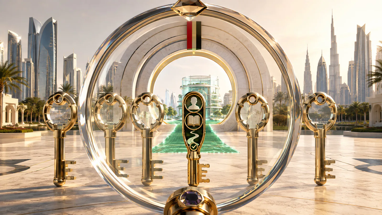 Futuristic row of doorways and keys in Dubai representing lawyer selection.