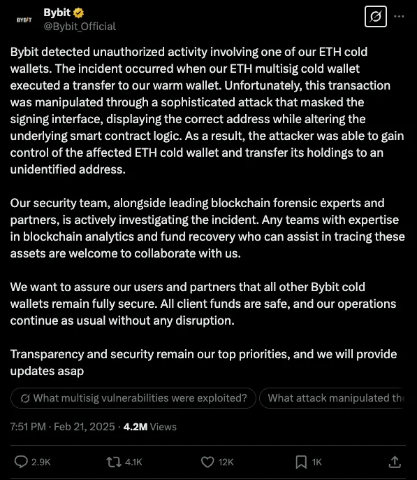Bybit statement confirming unauthorized activity involving an ETH cold wallet.