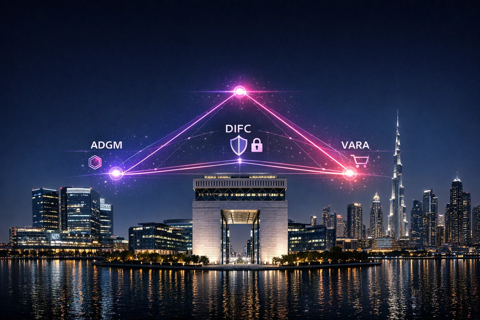 Dubai skyline with a network linking ADGM, DIFC and VARA.