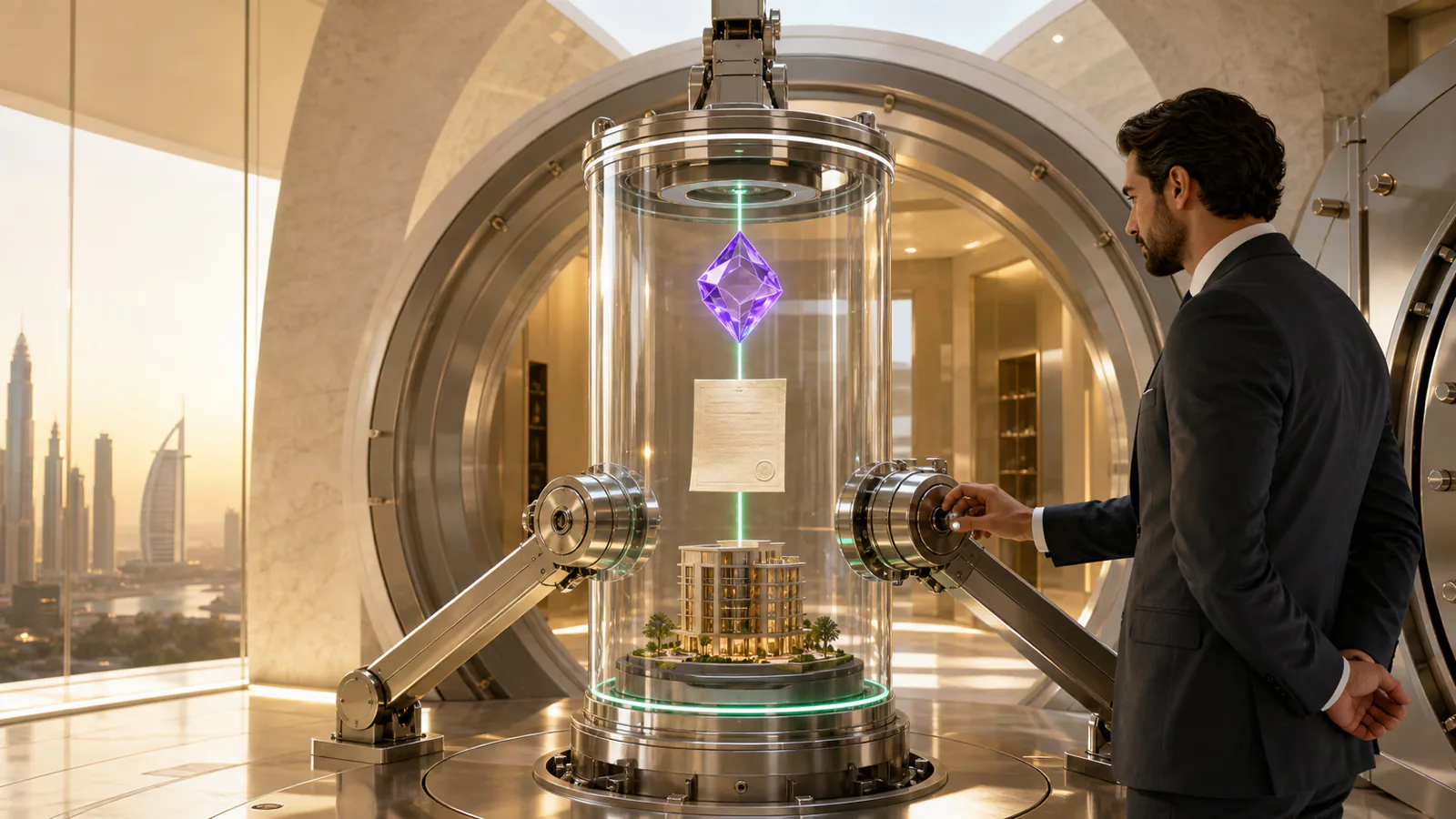 Man viewing a tokenized fund inside a secure glass vault.