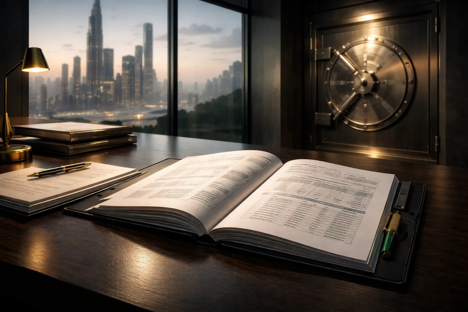 Open compliance ledger beside a secure vault overlooking Dubai.