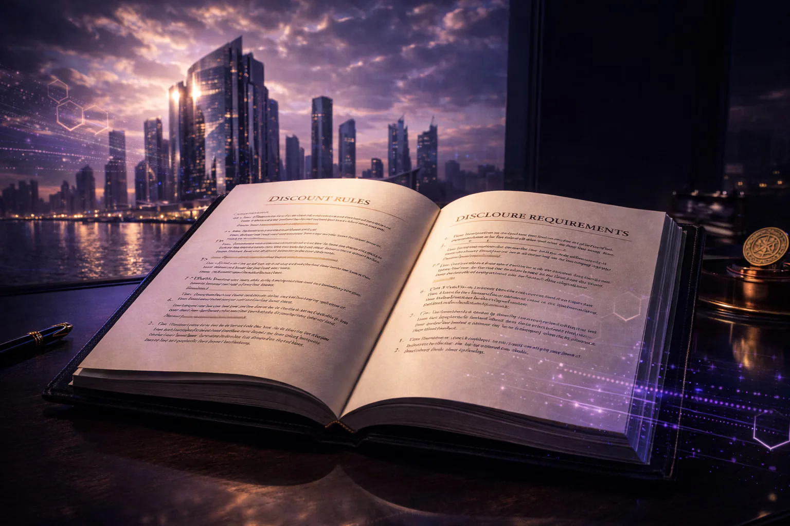 Open regulatory rulebook against a futuristic Abu Dhabi skyline.