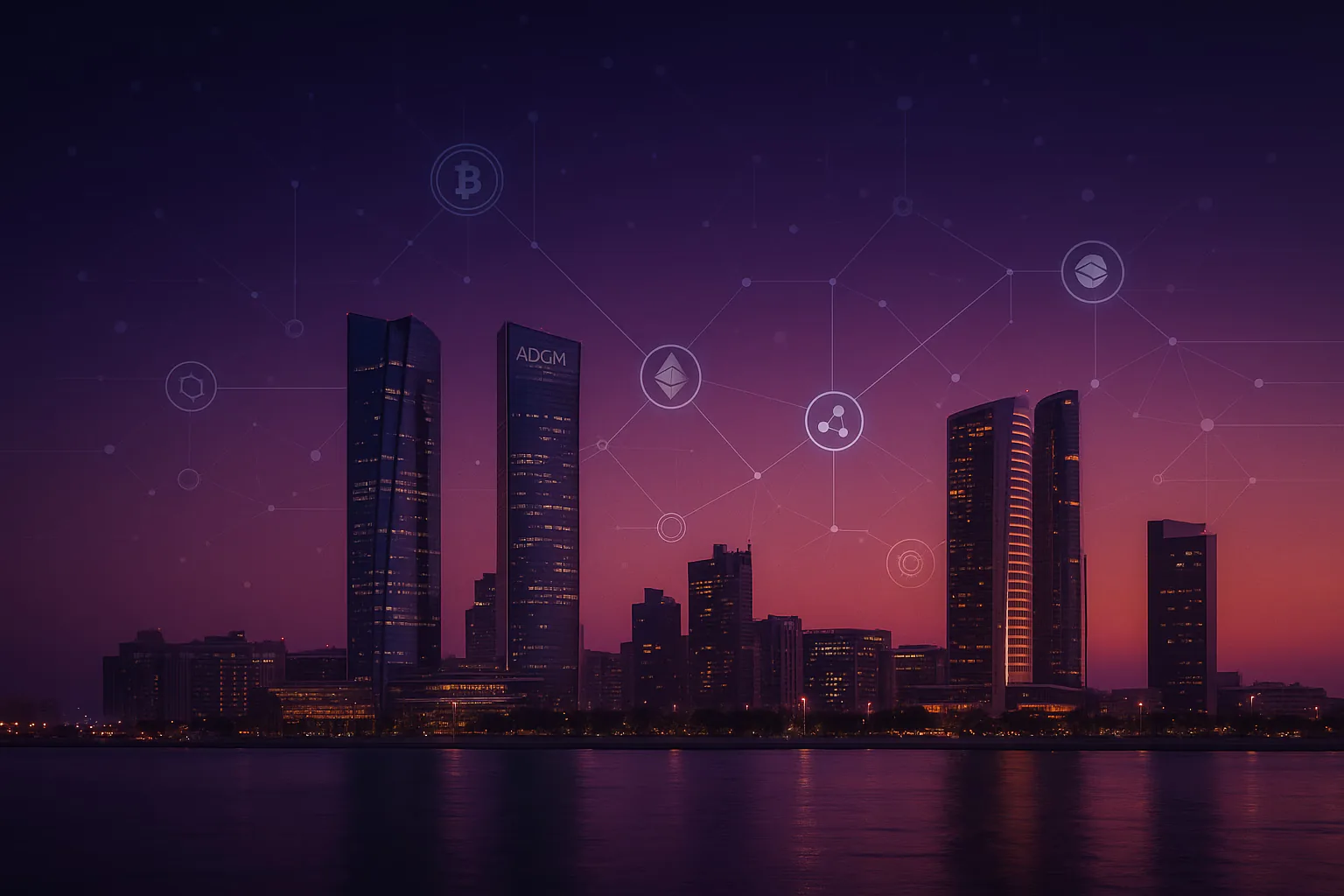 Abu Dhabi skyline at night with connected digital asset symbols.
