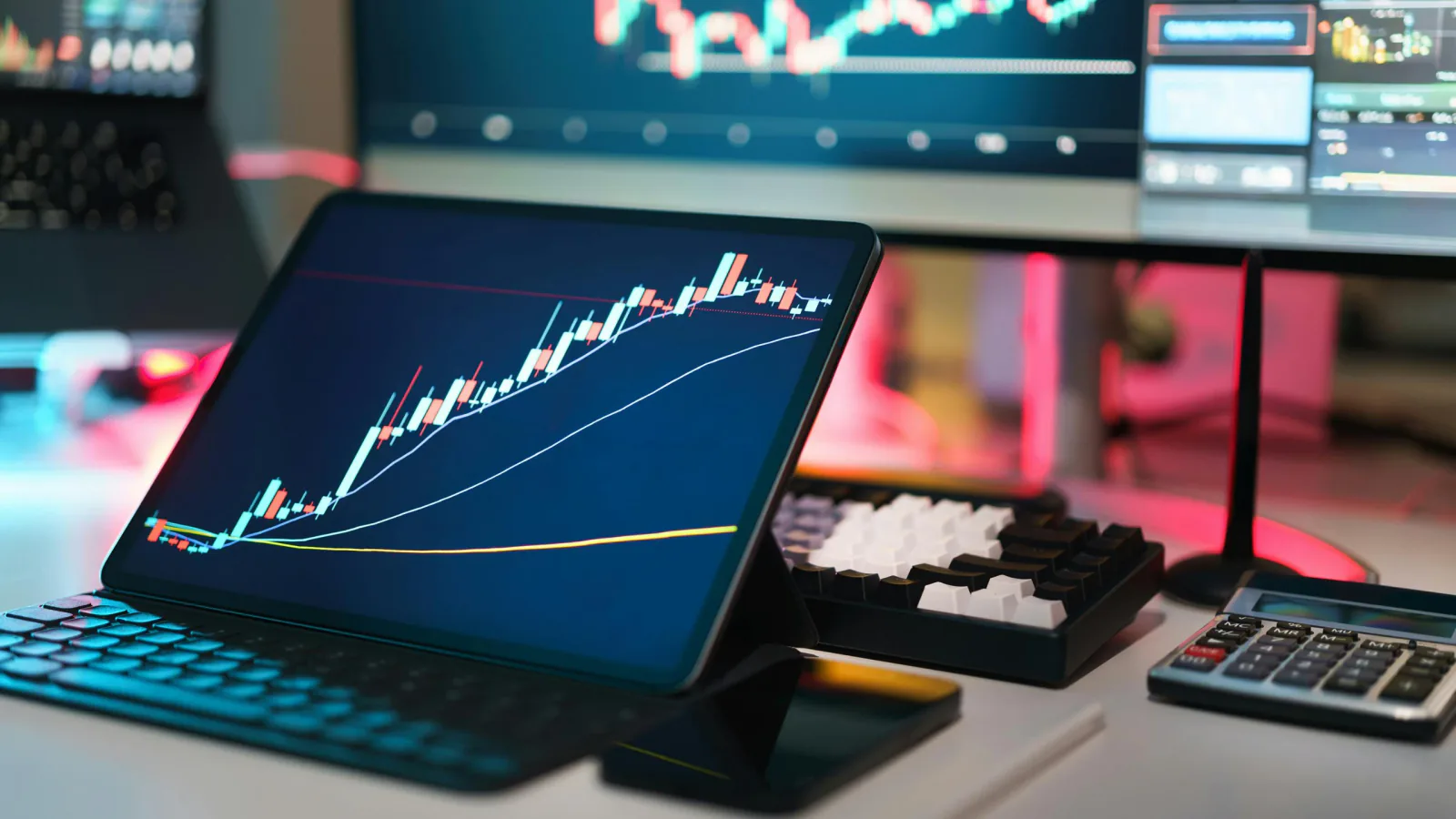 Tablet displaying a token price chart on a trading desk.