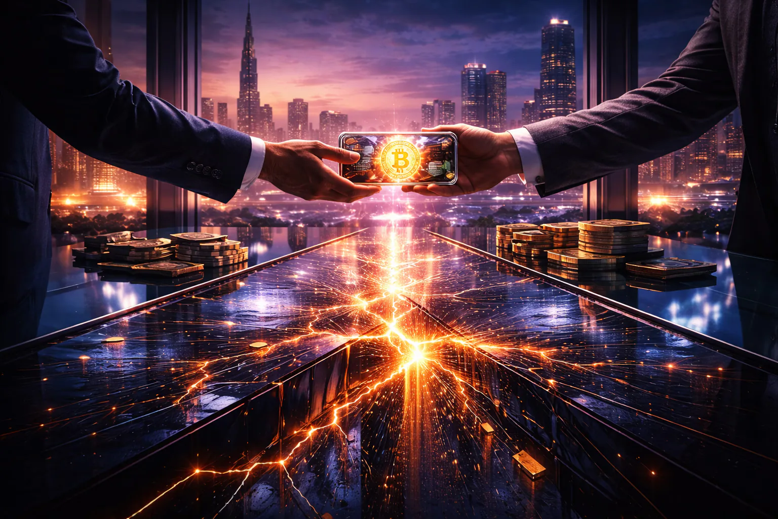Two people exchanging Bitcoin through a glowing digital connection in Dubai.