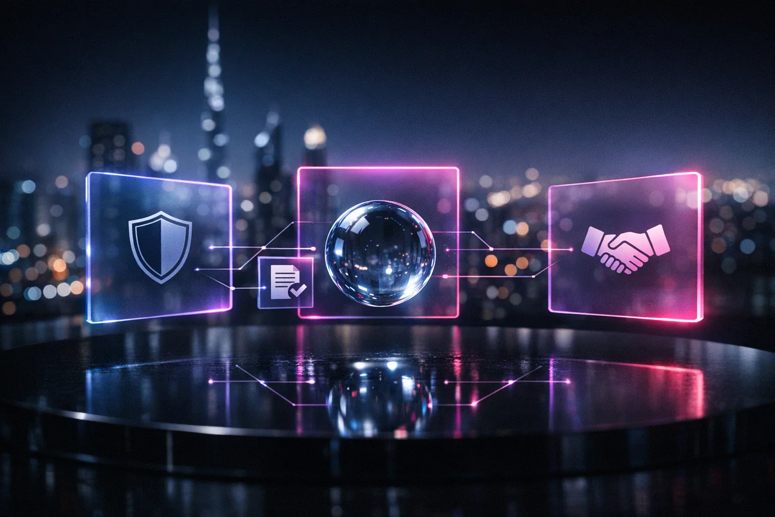 Digital icons representing security, contracts and settlement.