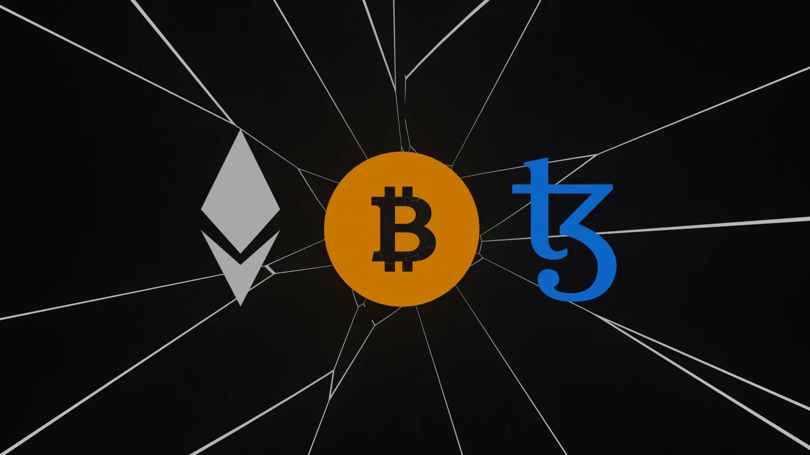Ethereum, Bitcoin and Tezos symbols connected across a dark network.