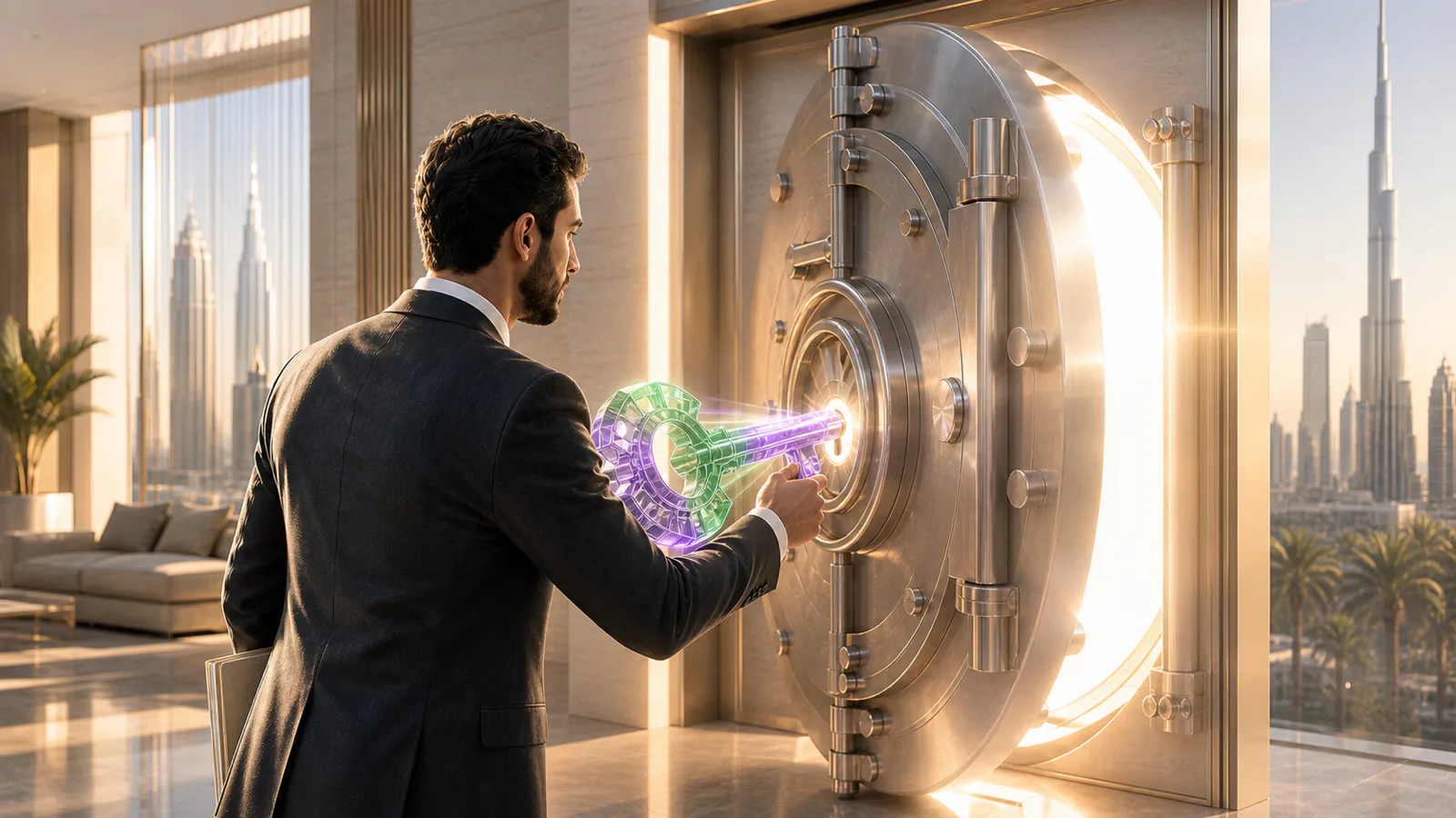 Man opening a secure bank vault with a glowing digital token.