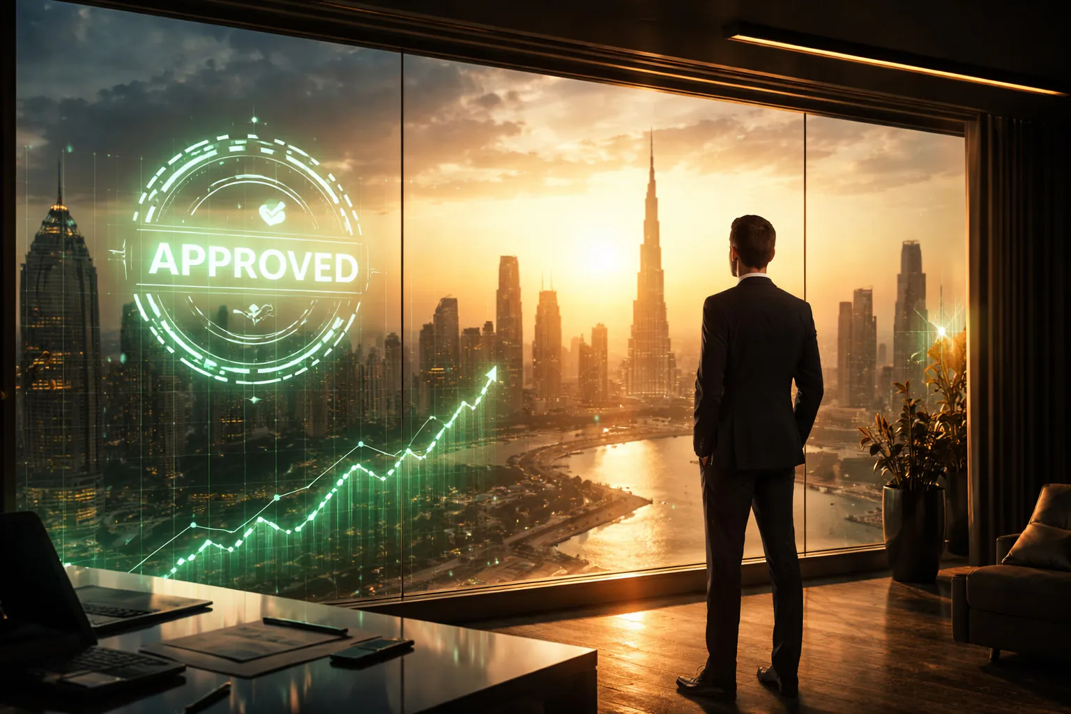 Founder viewing an approved licence projection over the Dubai skyline.