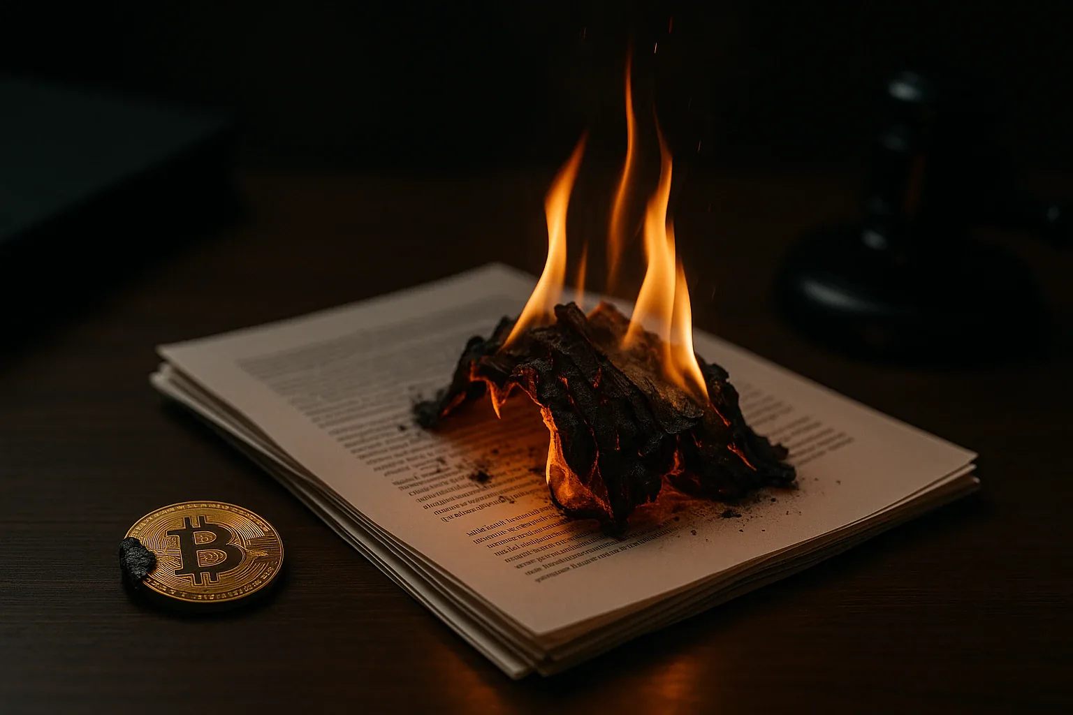 Burning legal document beside a physical Bitcoin coin.