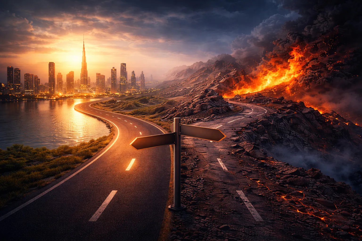 Road splitting toward a bright Dubai skyline and a burning route.