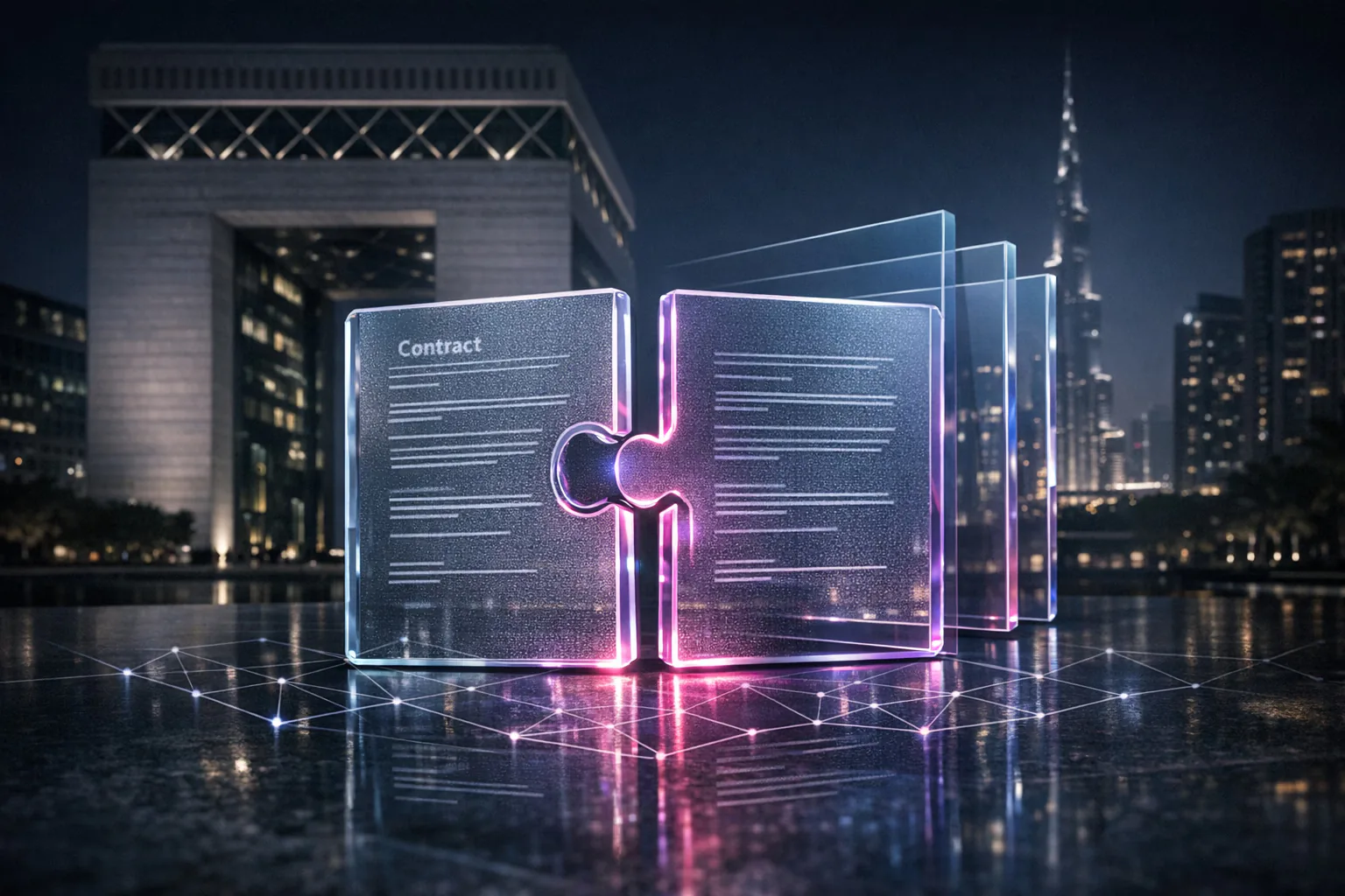 Two sides of a digital contract joining over the Dubai skyline.