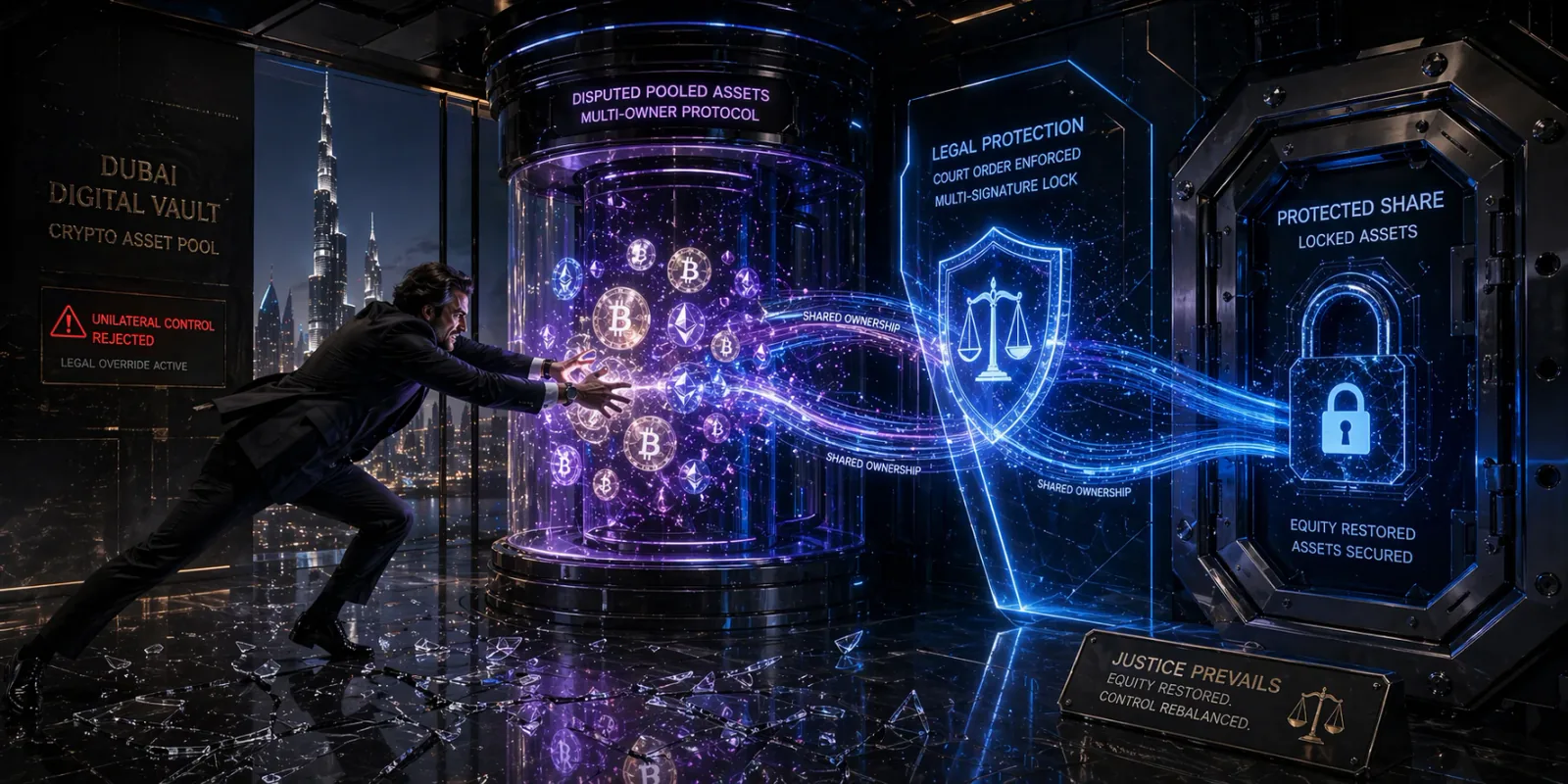 Person recovering digital assets from a futuristic vault protected by legal shields.