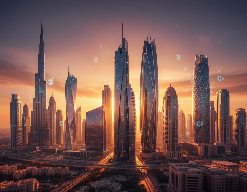 Dubai skyline with digital asset and financial district overlays.