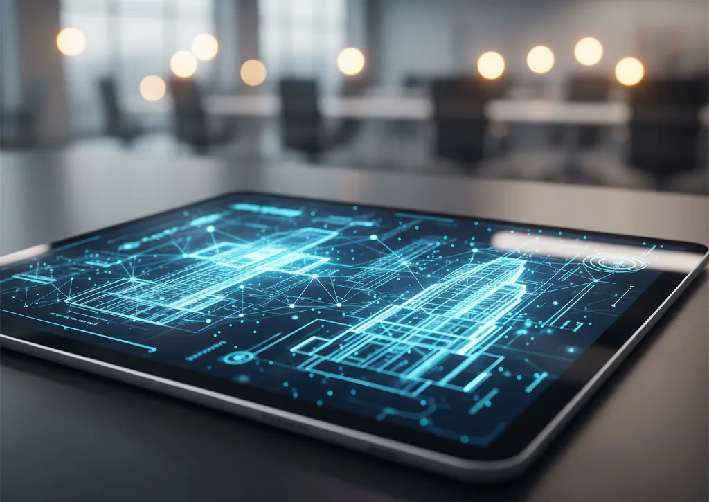 Digital building blueprint displayed on a tablet.