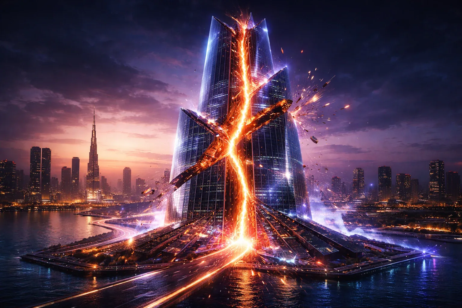 Futuristic Dubai tower divided by a glowing fault line.