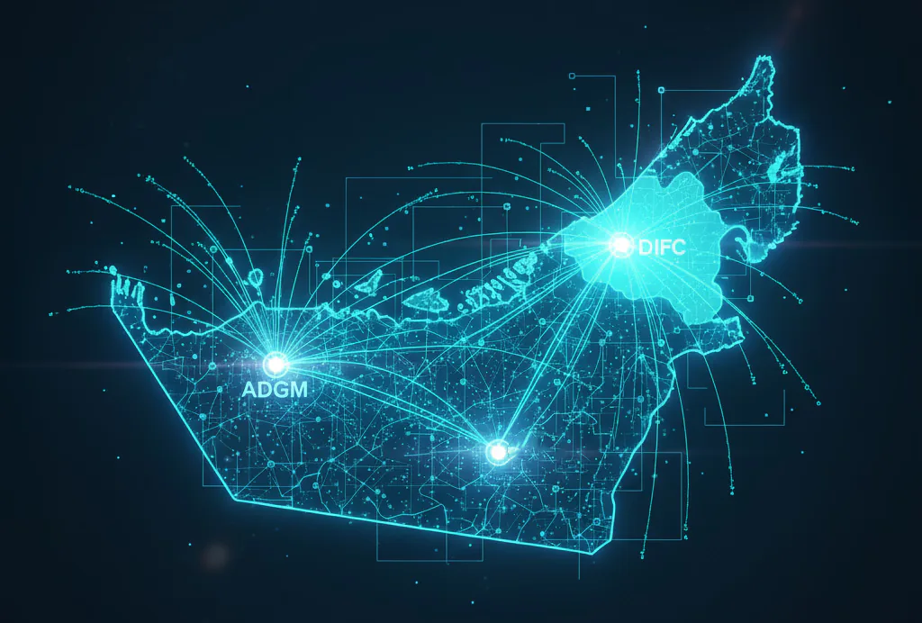 Digital map of the UAE linking ADGM and DIFC financial centres.