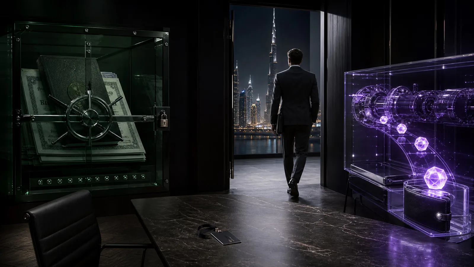 Founder leaving a boardroom containing digital token vaults.