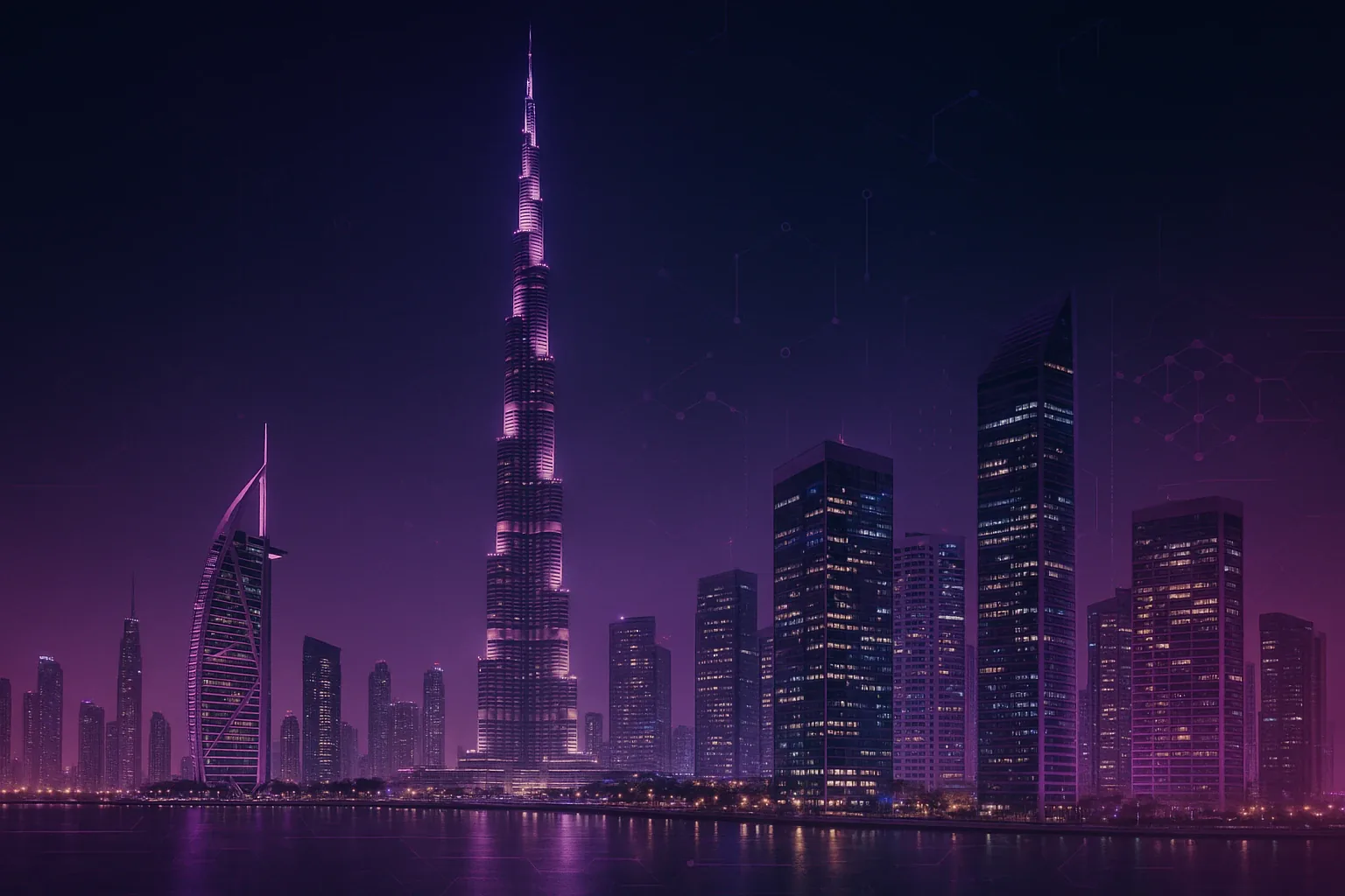 Dubai skyline illuminated in purple for a DAO structure guide.