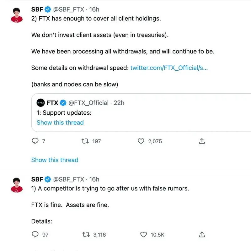 Posts from FTX denying withdrawal and insolvency rumours.