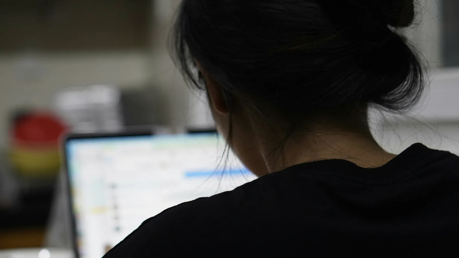 Person viewed from behind while working on a laptop in an office.