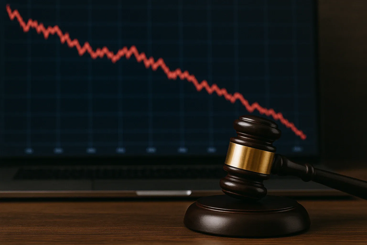 Judge’s gavel in front of a falling financial market chart.