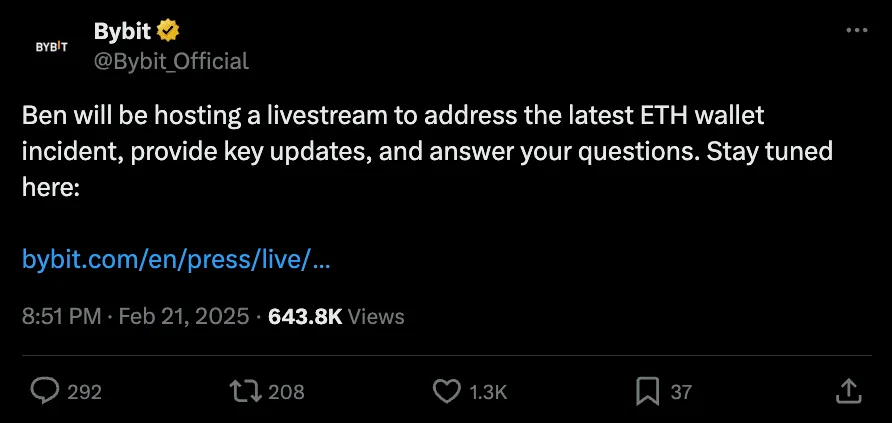 Bybit announcement of a livestream about the ETH wallet incident.
