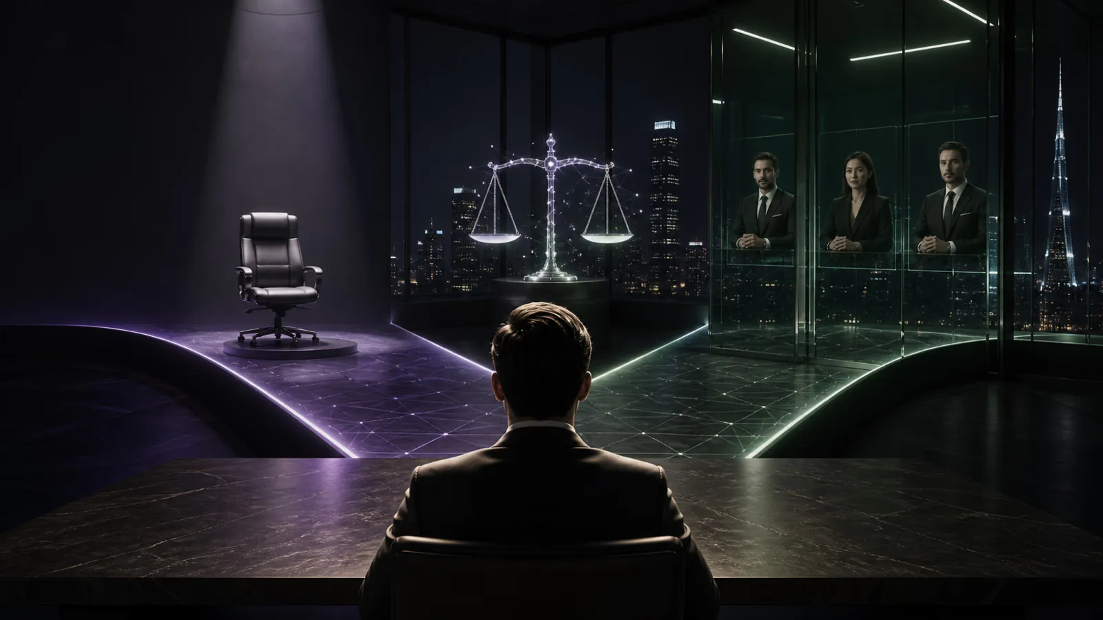 Founder facing a panel of lawyers in a dark digital boardroom.