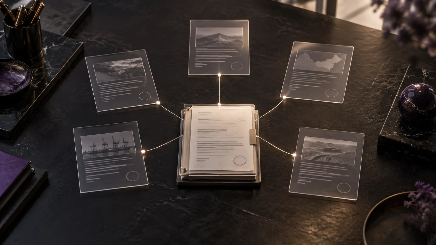 Five linked source records surrounding a central due-diligence file